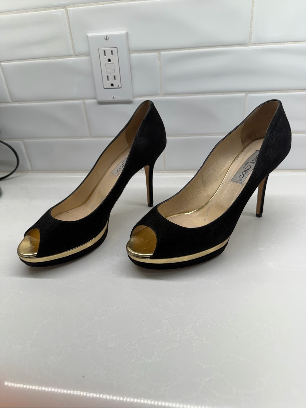 Jimmy Choo Black Suede Peep-Toe Pumps with Gold Toe Cap - Picture 2 of 4